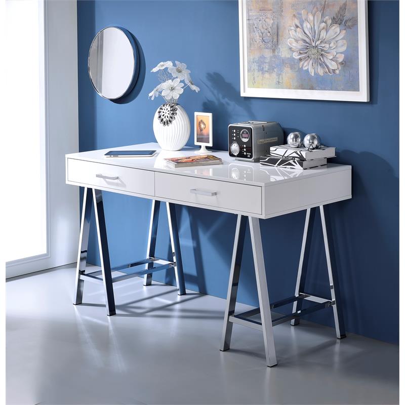ACME Coleen Wooden Top Writing Desk with USB Port in White High Gloss and Chrome