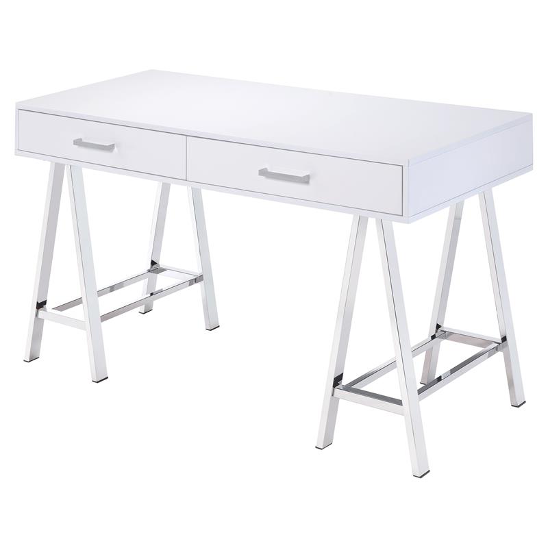 ACME Coleen Wooden Top Writing Desk with USB Port in White High Gloss and Chrome