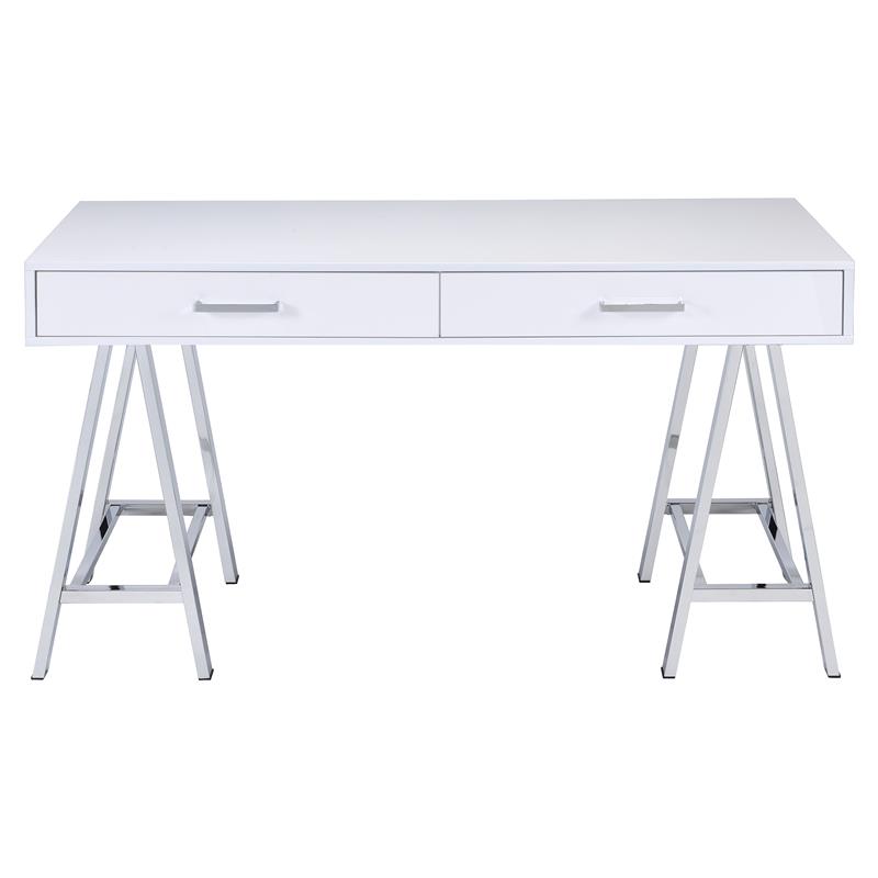ACME Coleen Wooden Top Writing Desk with USB Port in White High Gloss and Chrome