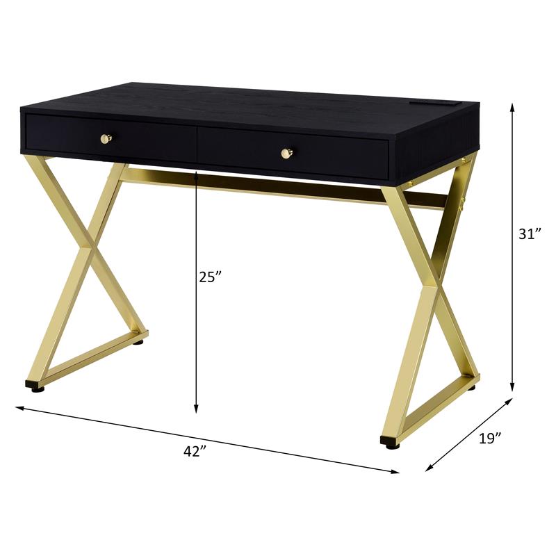 ACME Coleen Wooden Top Writing Desk with USB Port in Black and Brass