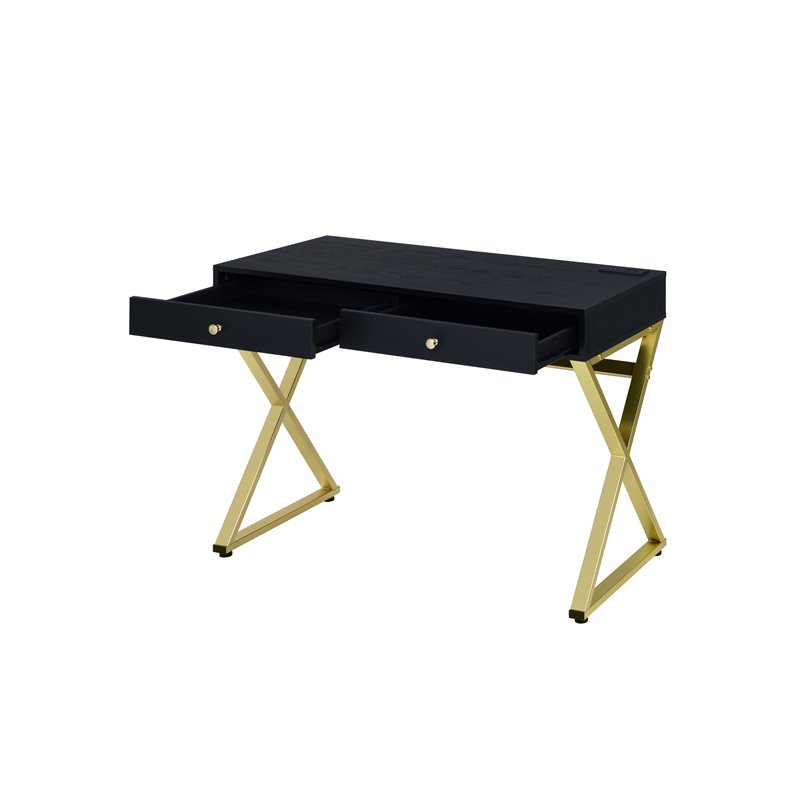 ACME Coleen Wooden Top Writing Desk with USB Port in Black and Brass