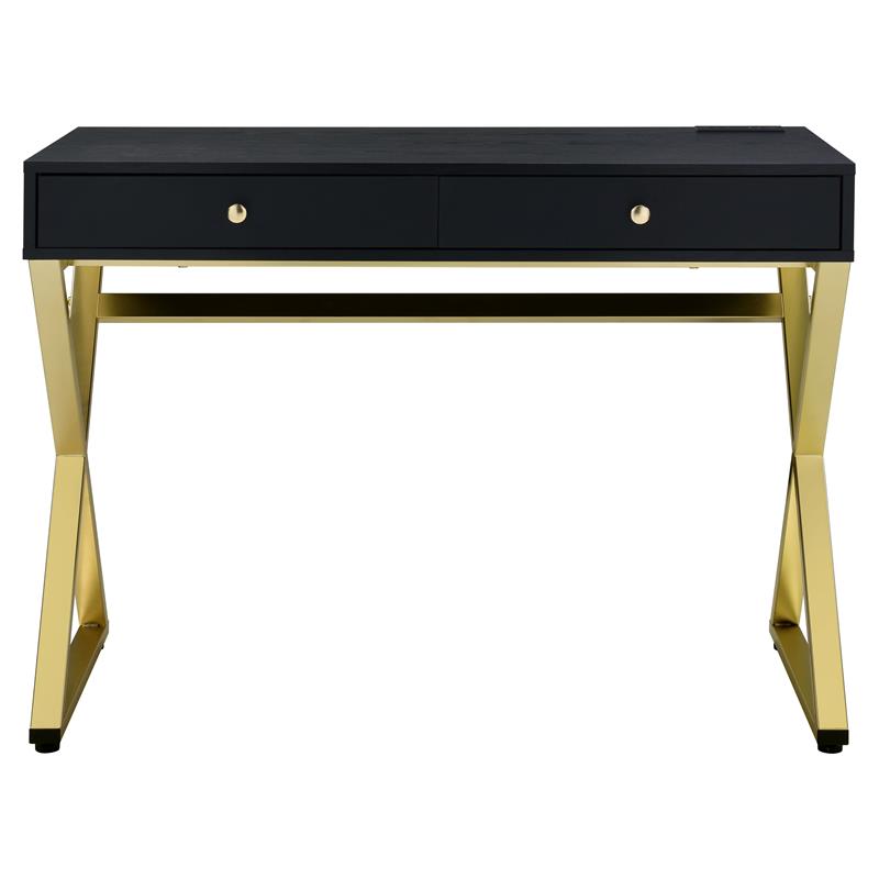 ACME Coleen Wooden Top Writing Desk with USB Port in Black and Brass