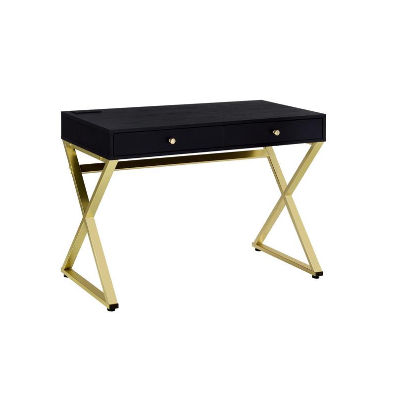 ACME Coleen Wooden Top Writing Desk with USB Port in Black and Brass