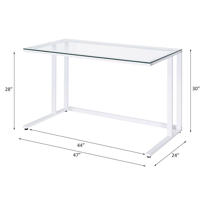 ACME Tyrese Glass Top Writing Desk with Open Metal Base in Clear and White