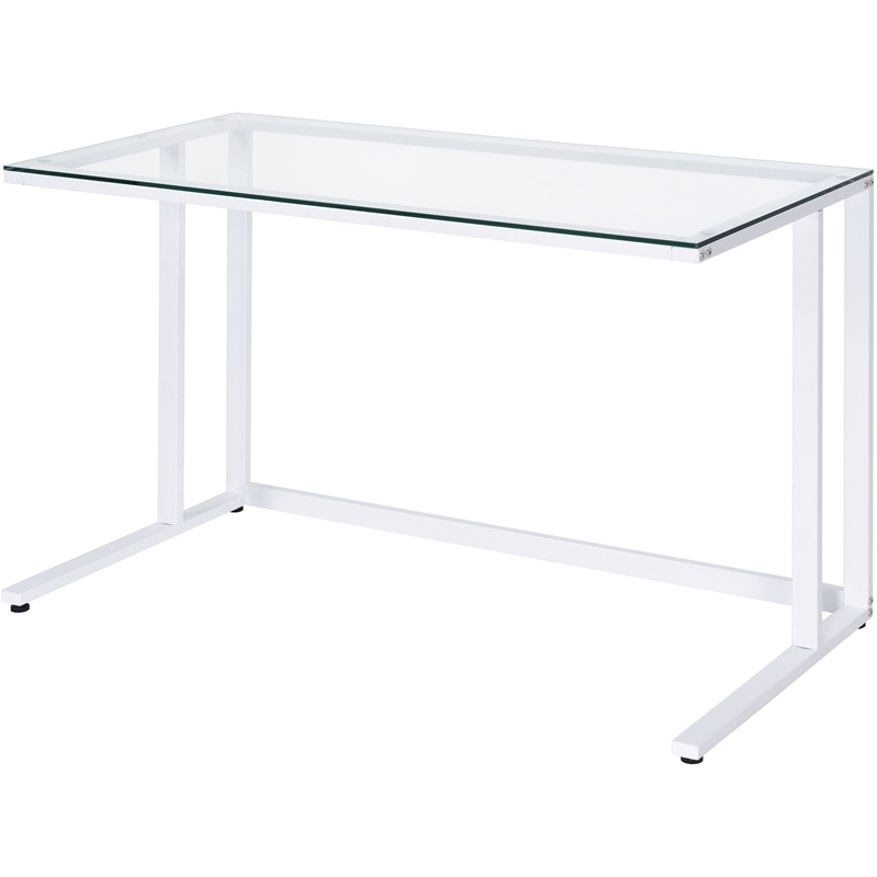 ACME Tyrese Glass Top Writing Desk with Open Metal Base in Clear and White