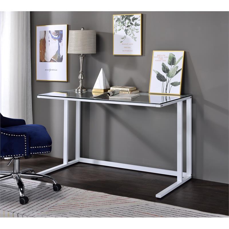 ACME Tyrese Glass Top Writing Desk with Open Metal Base in Clear and White