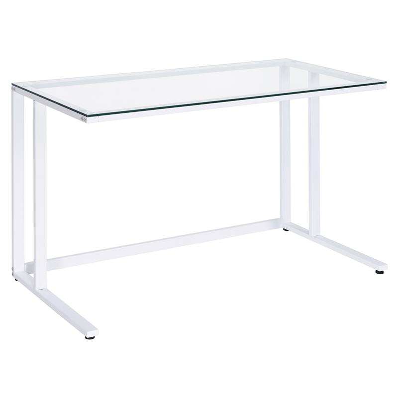ACME Tyrese Glass Top Writing Desk with Open Metal Base in Clear and White