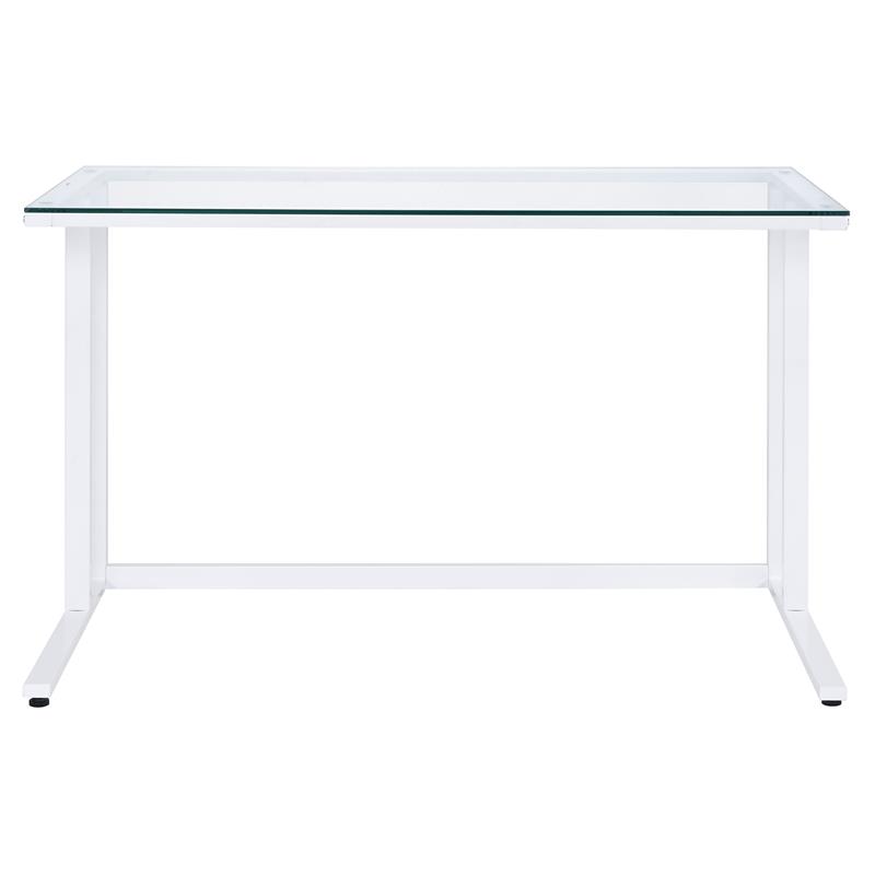 ACME Tyrese Glass Top Writing Desk with Open Metal Base in Clear and White