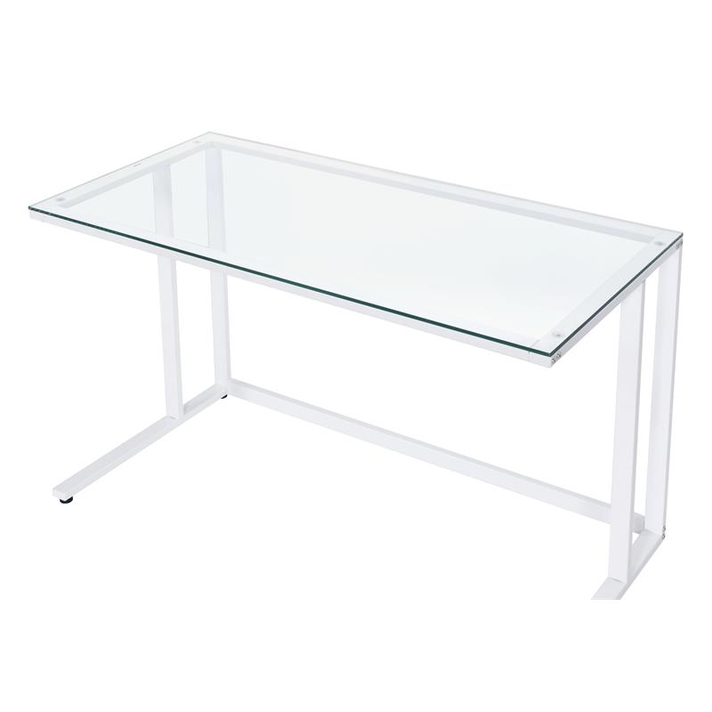 ACME Tyrese Glass Top Writing Desk with Open Metal Base in Clear and White