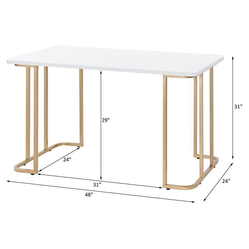 ACME Estie Wooden Top Writing Desk with Metal Sled Base in White and Gold