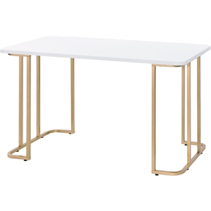 acme estie wooden top writing desk with metal sled base in white and gold