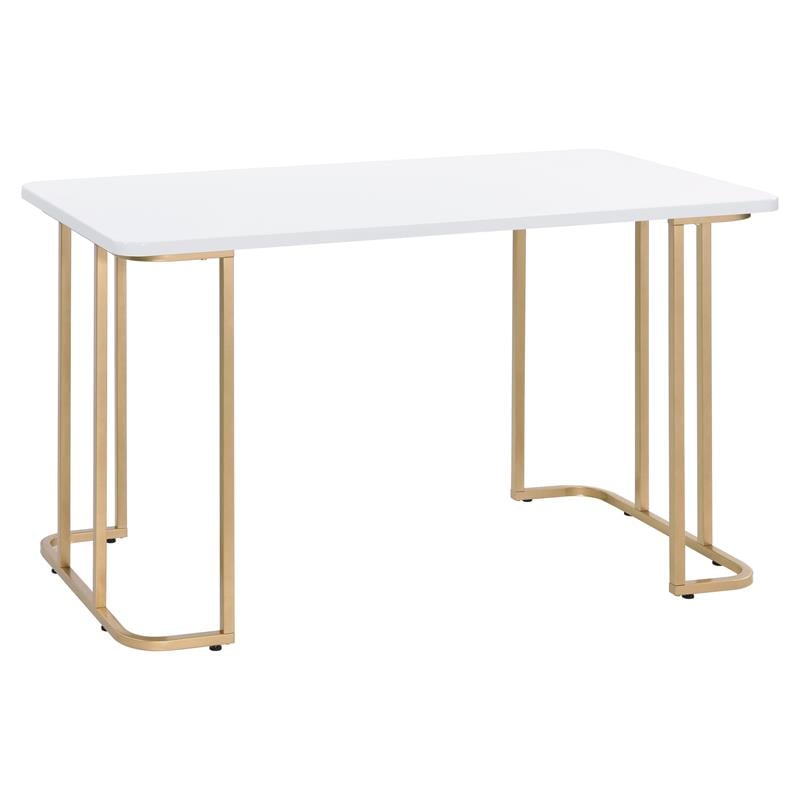 ACME Estie Wooden Top Writing Desk with Metal Sled Base in White and Gold