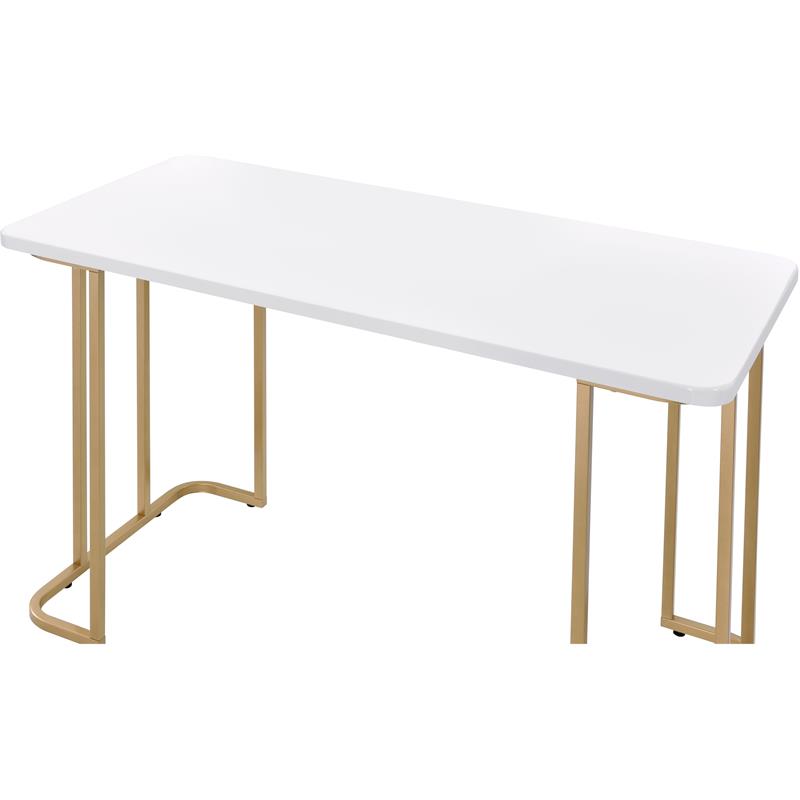 ACME Estie Wooden Top Writing Desk with Metal Sled Base in White and Gold