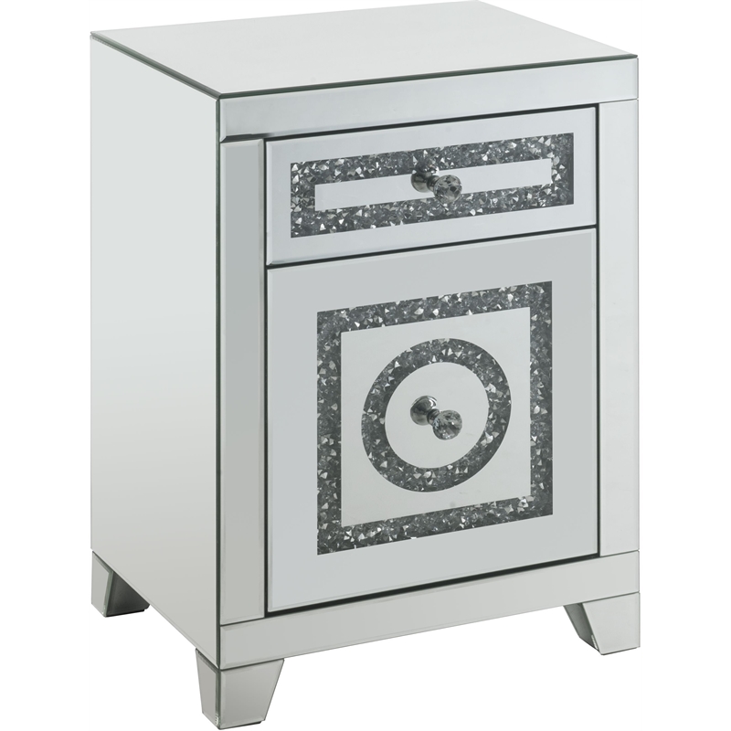 ACME Noralie Glass Accent Table with 2-Drawer in Mirrored and Faux Diamonds