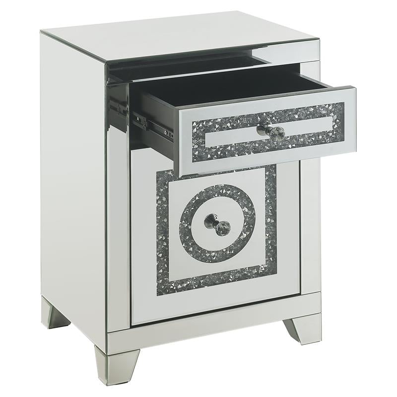 ACME Noralie Glass Accent Table with 2-Drawer in Mirrored and Faux Diamonds