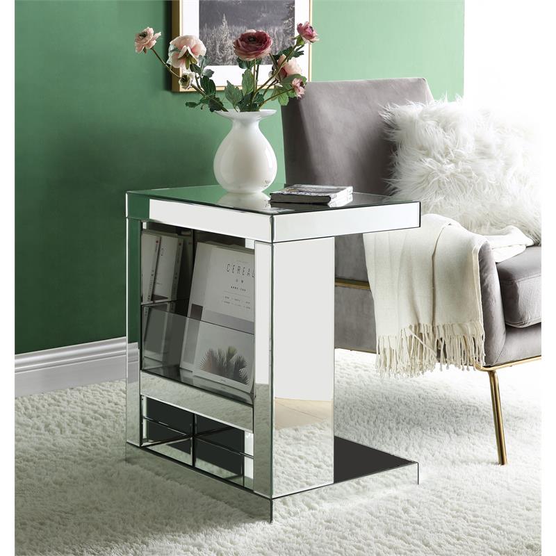 ACME Dominic Glass Accent Table with Magazine Rack in Mirrored and Clear