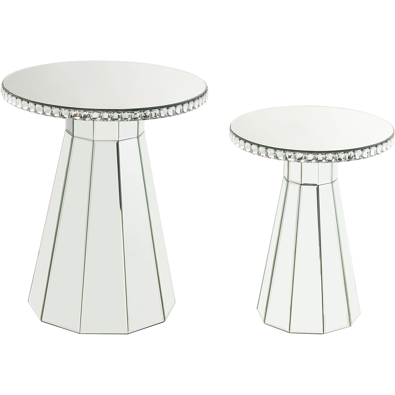 ACME Lotus Glass Accent Table with Round Top in Mirroed and Faux Cyrstals Inlay
