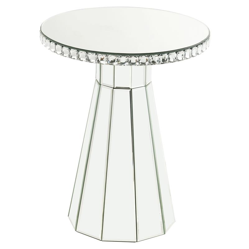 ACME Lotus Glass Accent Table with Round Top in Mirroed and Faux Cyrstals Inlay