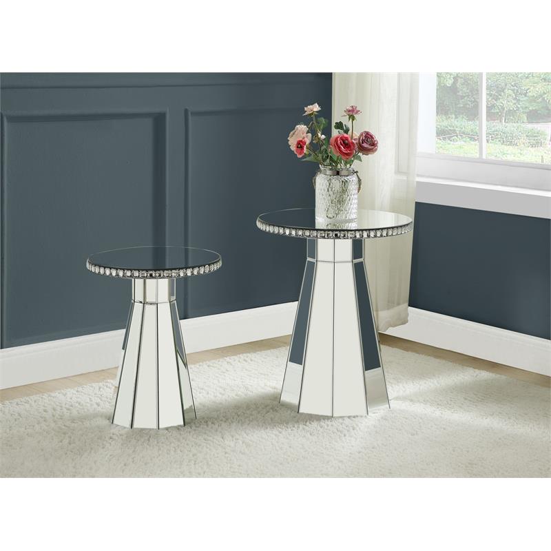 ACME Lotus Glass Accent Table with Round Top in Mirroed and Faux Cyrstals Inlay