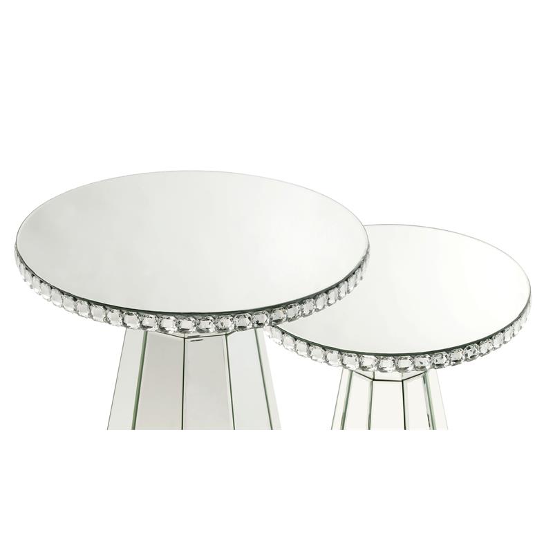 ACME Lotus Glass Accent Table with Round Top in Mirroed and Faux Cyrstals Inlay