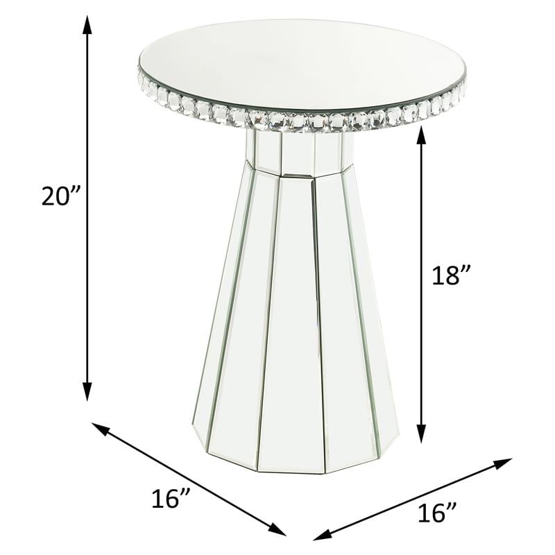 ACME Lotus Glass Accent Table with Round Top in Mirroed and Faux Cyrstals Inlay