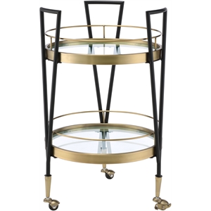 acme vries 2 glass round shelves serving cart with metal frame in black and gold