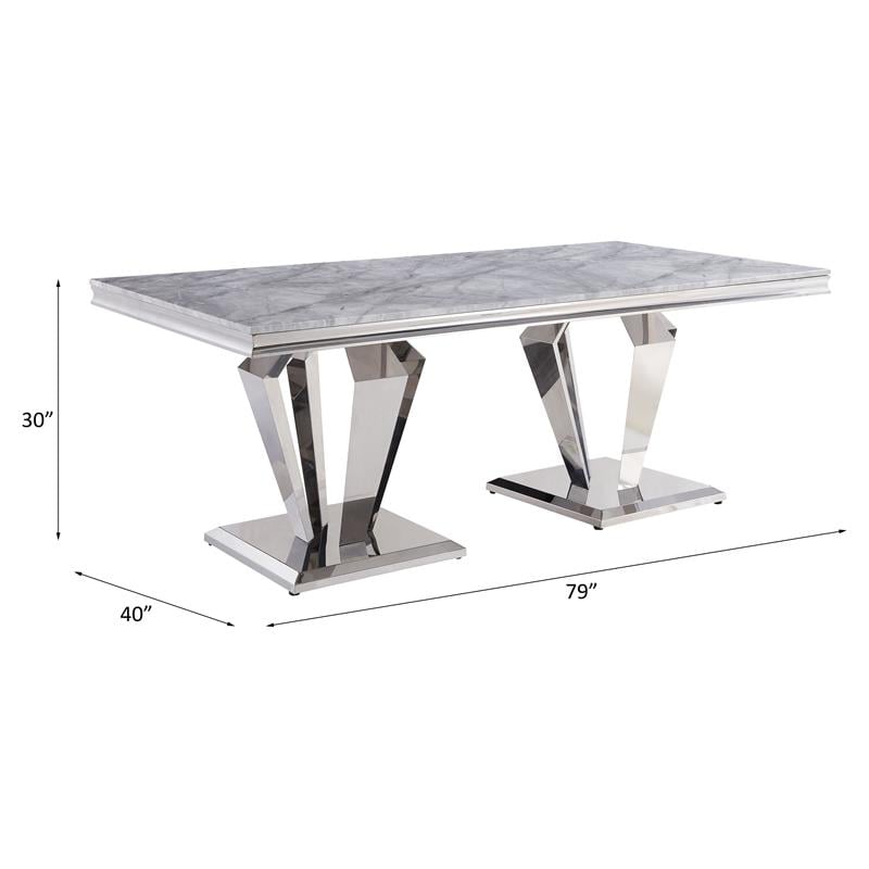 ACME Satinka Stainless Steel Base Dining Table in Light Gray and Mirrored Silver