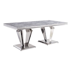 ACME Satinka Stainless Steel Base Dining Table in Light Gray and Mirrored Silver