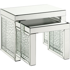 acme nysa glass top accent table in mirrored and faux crystals inlay