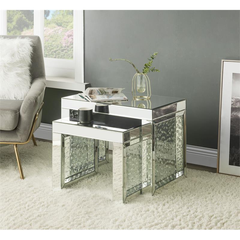 ACME Nysa Glass Top Accent Table in Mirrored and Faux Crystals Inlay