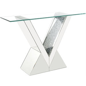 acme noralie glass top console table in mirrored and faux diamonds