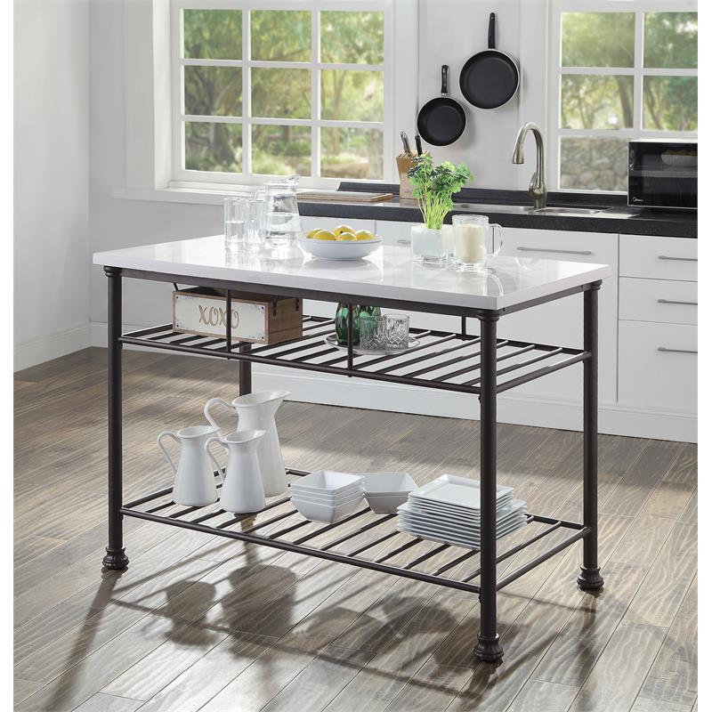 ACME Freyja Kitchen Island with Metal Shelves in White and Gray