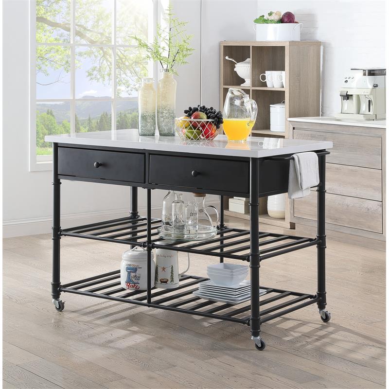 ACME Emery Artificial Stone Top 2-Drawer Kitchen Island in White and Gray