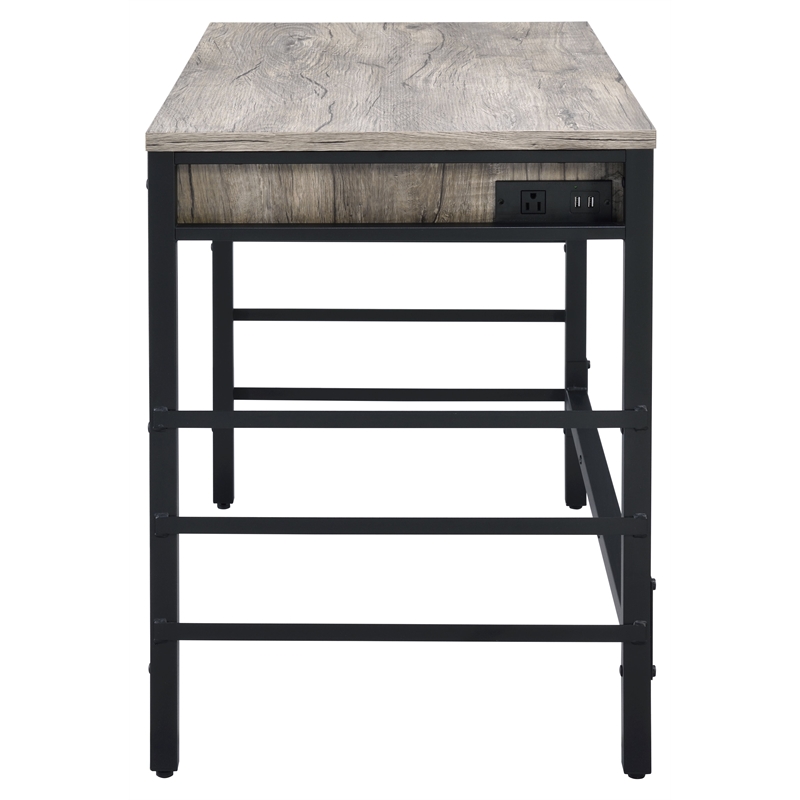 ACME Disho Wooden Writing Desk with USB Port in Light Weathered Oak and Black