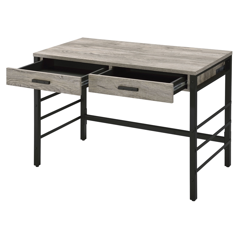 ACME Disho Wooden Writing Desk with USB Port in Light Weathered Oak and Black