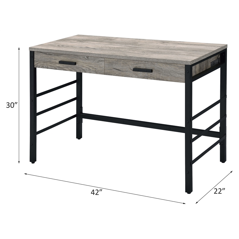 ACME Disho Wooden Writing Desk with USB Port in Light Weathered Oak and Black