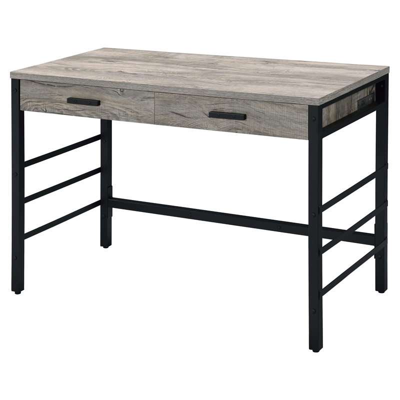 ACME Disho Wooden Writing Desk with USB Port in Light Weathered Oak and Black