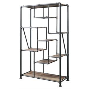 ACME Brantley Rectangular Metal Bookshelf in Antique Oak and Sandy Gray