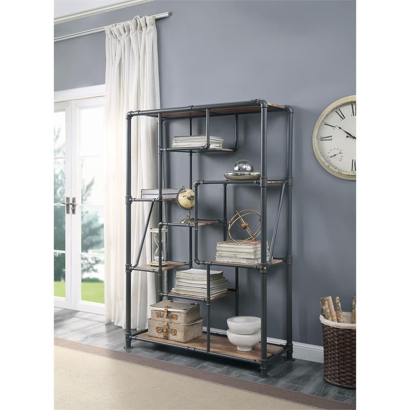 ACME Brantley Rectangular Metal Bookshelf in Antique Oak and Sandy Gray