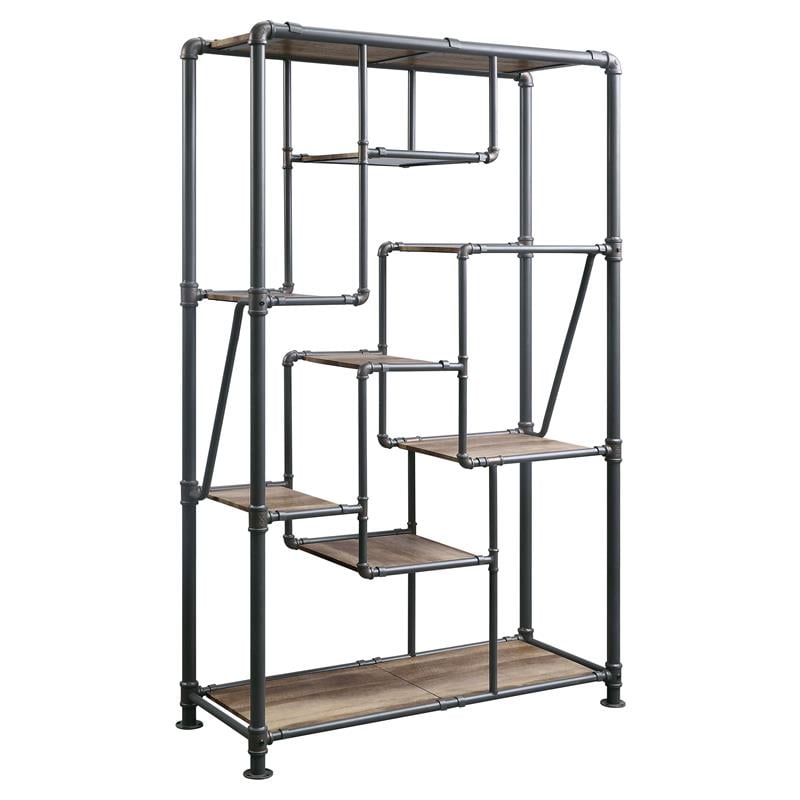 ACME Brantley Rectangular Metal Bookshelf in Antique Oak and Sandy Gray