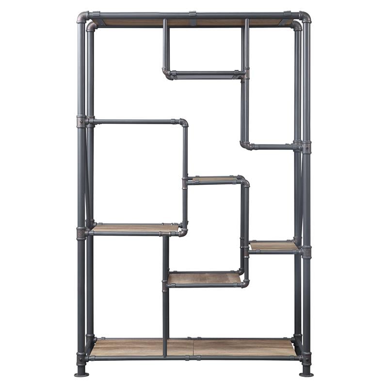 ACME Brantley Rectangular Metal Bookshelf in Antique Oak and Sandy Gray