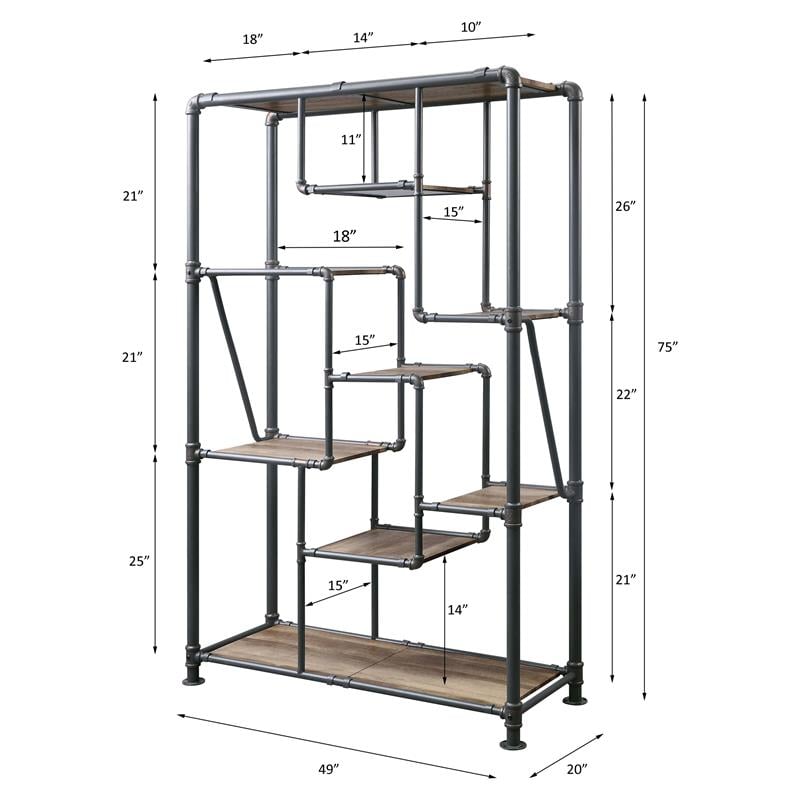 ACME Brantley Rectangular Metal Bookshelf in Antique Oak and Sandy Gray
