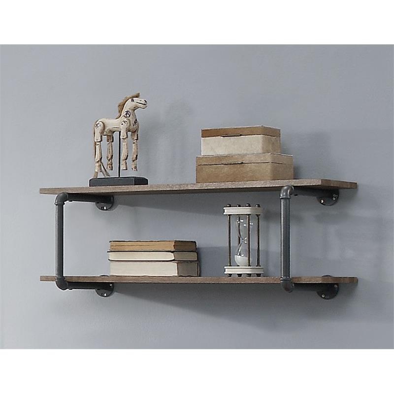 ACME Brantley 2 Wooden Tier Shelves Wall Rack in Antique Oak and Sandy Gray