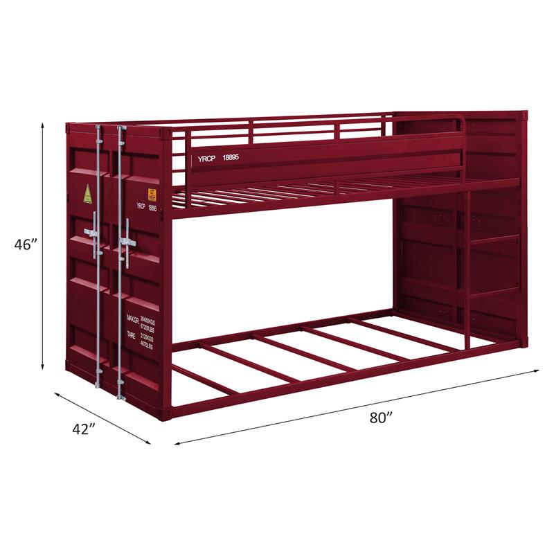 ACME Cargo Twin over Twin Metal Bunk Bed with Ladder and Slat System in Red