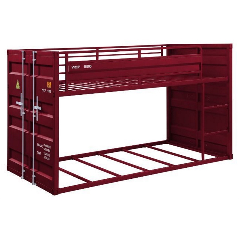 ACME Cargo Twin over Twin Metal Bunk Bed with Ladder and Slat System in Red