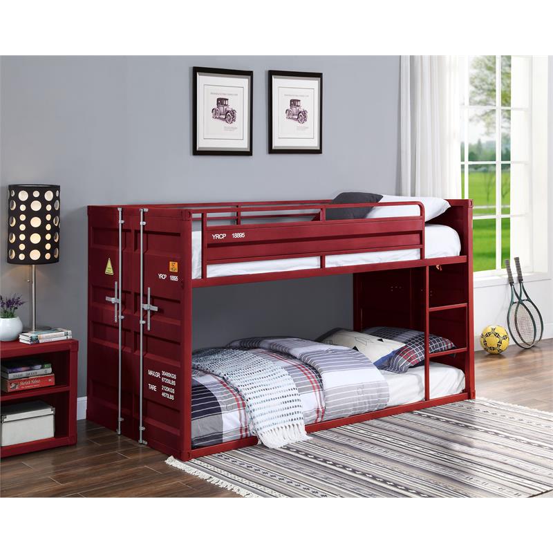ACME Cargo Twin over Twin Metal Bunk Bed with Ladder and Slat System in Red