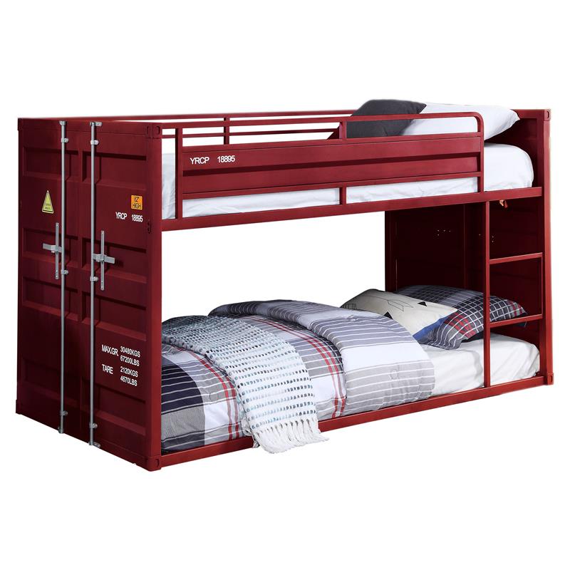 ACME Cargo Twin over Twin Metal Bunk Bed with Ladder and Slat System in Red