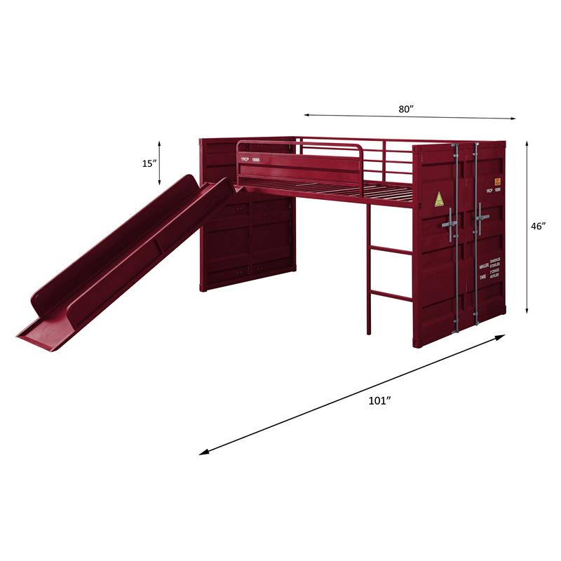 ACME Cargo Twin Metal Loft Bed with Ladder and Slat System in Red