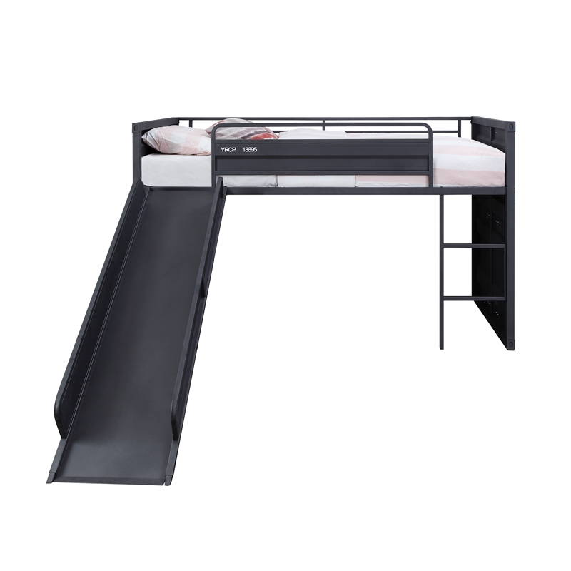 acme cargo twin metal loft bed with slide and slat system in gunmetal