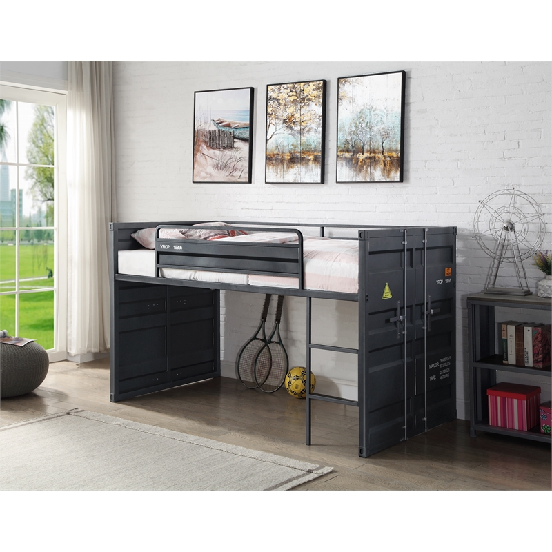 acme cargo twin metal loft bed with slide and slat system in gunmetal